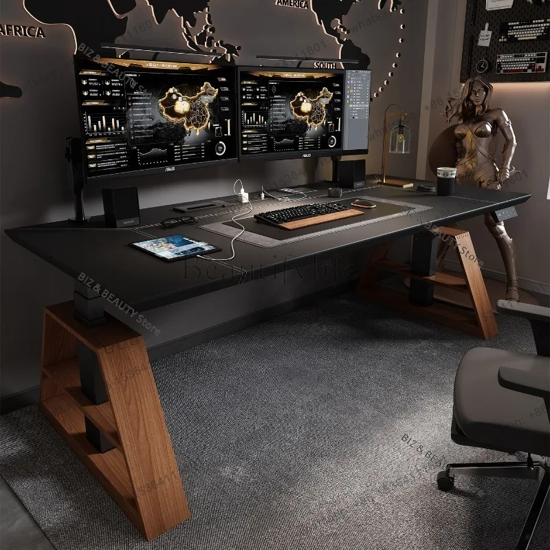 FG Luxury Electric Standing Desk Leather-Wrapped Edge Extra Long Height Adjustable Desk Home Office Gaming & Workstation JT40
