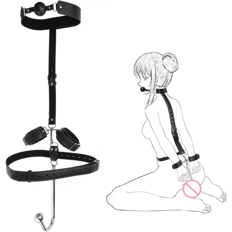 BDSM Anal Hook Bondage Kit Stainless Steel Metal Leather Handcuffs Ball Gag Mouth Gag Behind Back Restraints Couples SM Play
