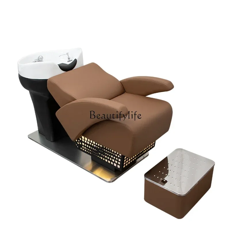 Half Lying Flushing Bed Beauty Salon Barber Shop Ceramic Shampoo Chair with Light