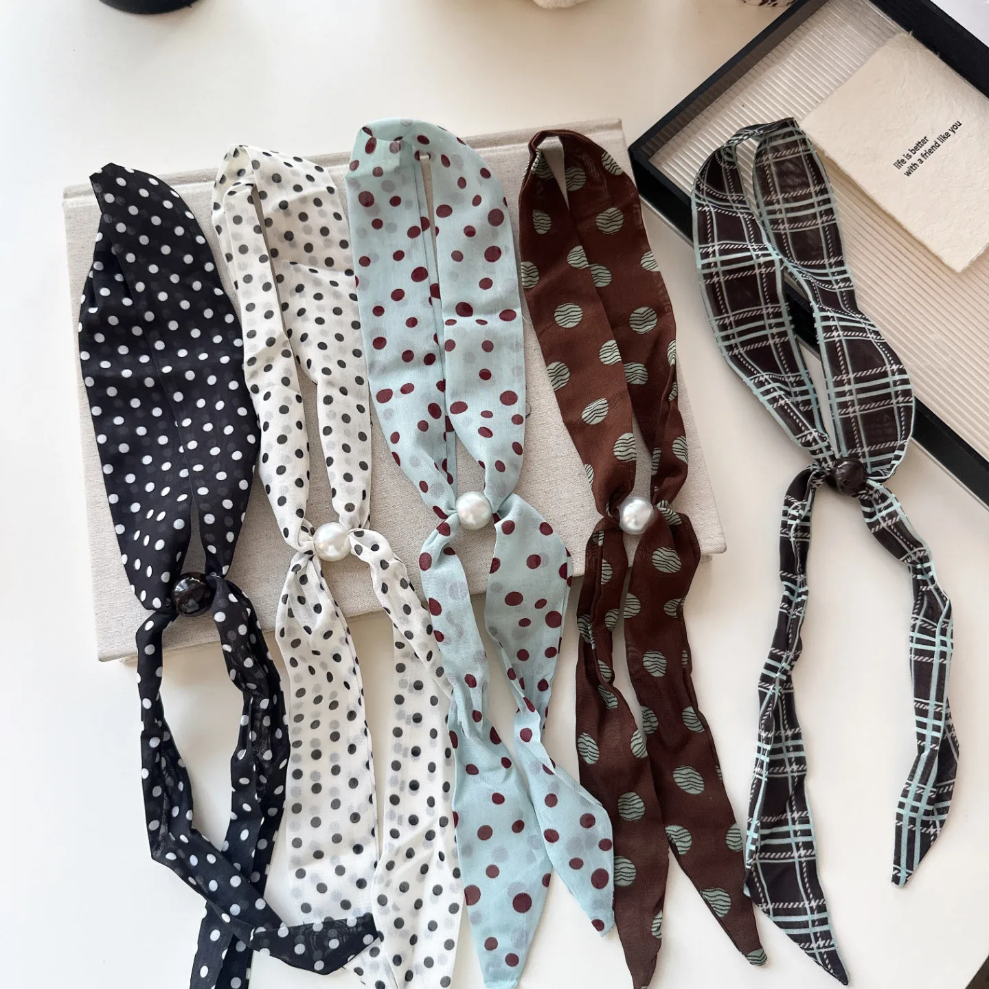 Vintage Polka Dot Plaid Chiffon Neck Scarf Drawstring Closure for   Fashion Small Unique Adjustable Lightweight  Braids