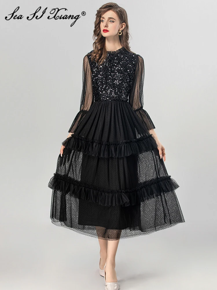 

Seasixiang Fashion Designer Summer Sequins Patchwork Dress Women's O-Neck Flare Sleeve Ruffles Black Vintage Mesh Dresses