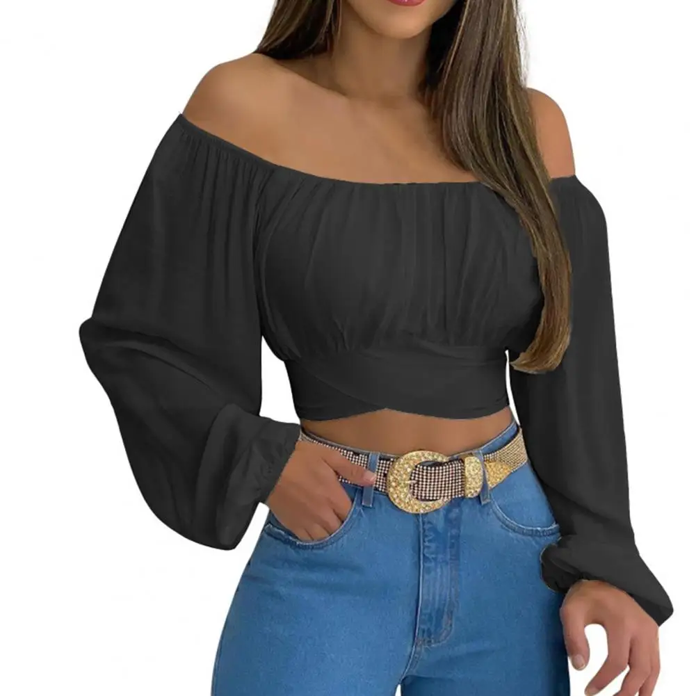 Off Shoulder Blouse Elegant Off Shoulder Lace-up Crop Top for Women Solid Color Pleated Blouse with Waist-exposed Back Long