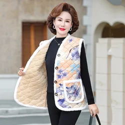 Grandma Vest Women Autumn Winter New 2024 Floral Cotton-padded Jacket Mother Add velvet warm Sleeveless Waistcoat  Coat Female