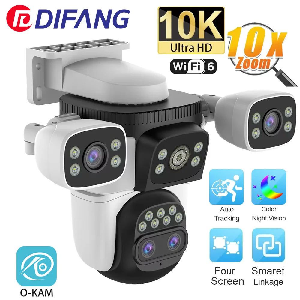 

10K WiFi IP Camera Outdoor Wireless 10X Zoom 20MP Four Screen Four Lens PTZ Automatic Tracking Waterproof Security Camera CCTV