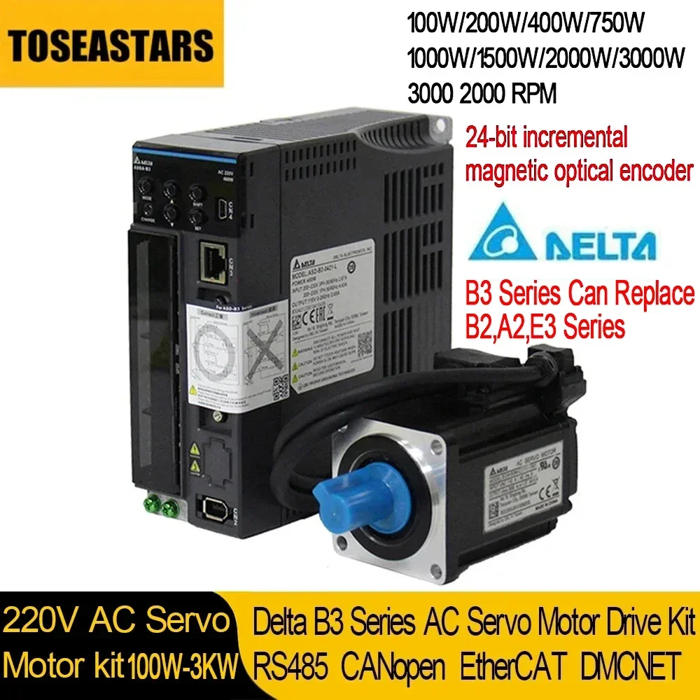 Delta B3 Serie 220V AC Servo Motor Drive Kit 400W 750W 40 60 80130mm Flange 24bit Incremental Replace B2 A2 Pulse Input EtherCAT