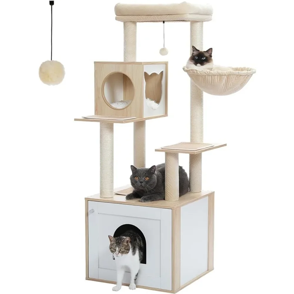 

Beige Tree for Cats Wood Cat Tower for Indoor Cats With Storage Cabinet and Cozy Cat Condo Pet Toys Products Supplies Home