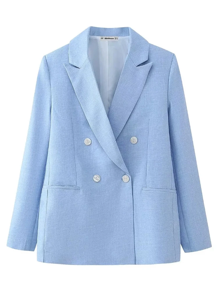 Chic Lady Fashion Shoulder Pad Blue Long Jacket Outwear Women Office Style 2024 Spring New Casual Blazer With Pleated Pants Suit