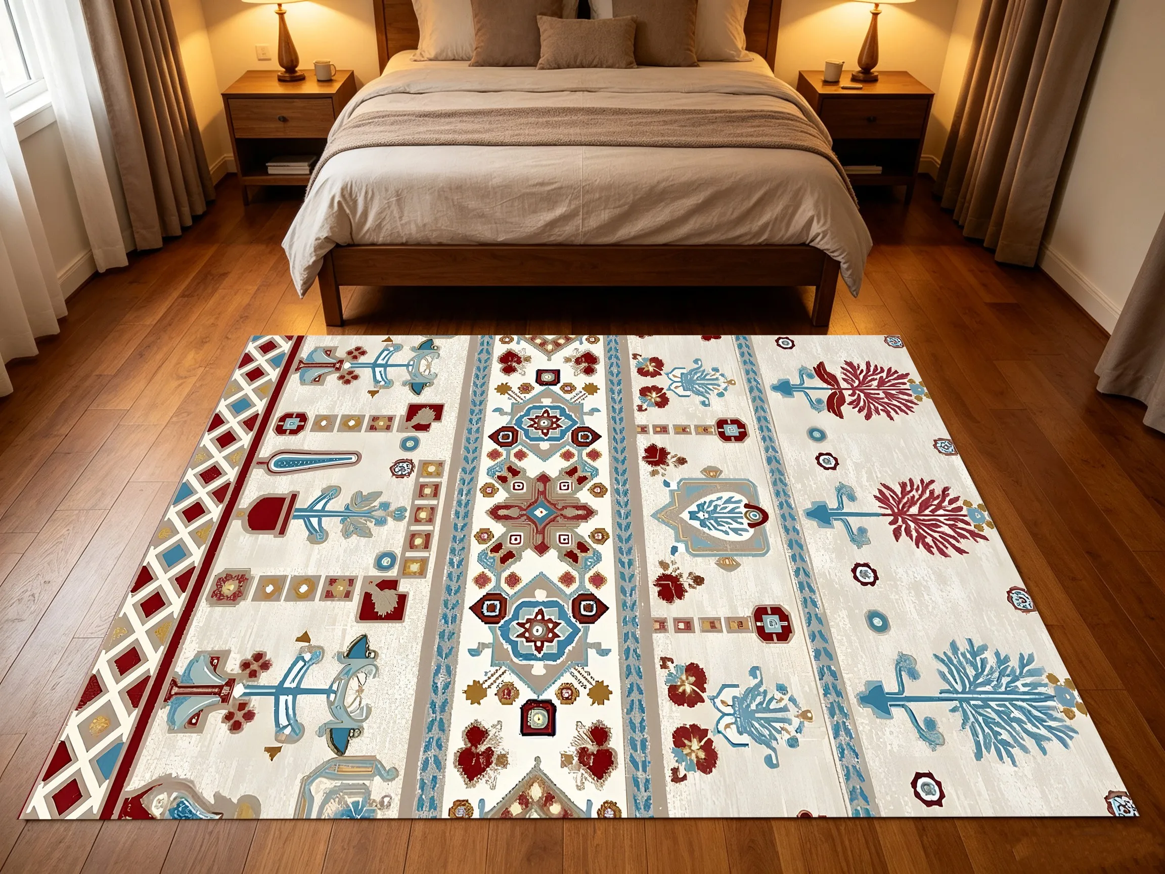 Symmetrical Exotic Ethnic Geometric Velvet Rug, Retro Bohemian Style for Living Room, Bedroom & Entryway