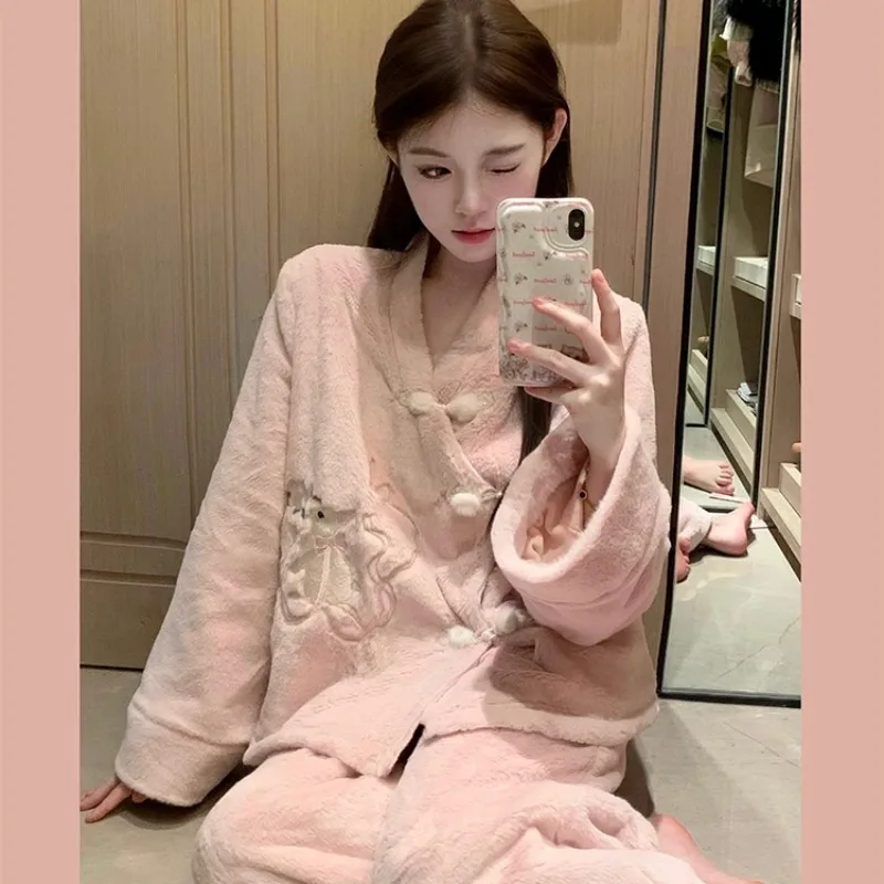 

Wei Jin Jade Rabbit Embroidered New Chinese Flannel Pajamas Women's Autumn and Winter Women's Suits Winter Warm Home Clothes
