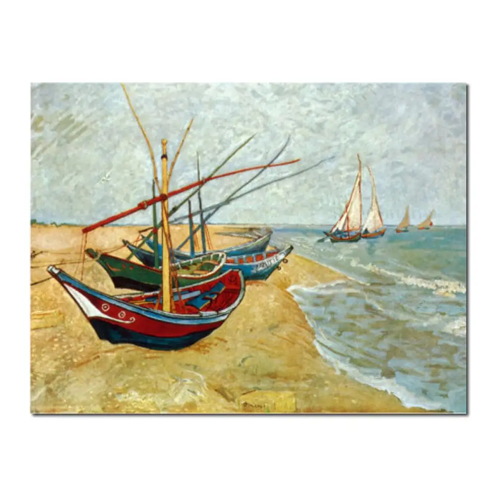 

Handmade Vincent Van Gogh Painting Fishing Boats on the Beach at Saints-maries Modern Seascape Artwork for Living Room Decor