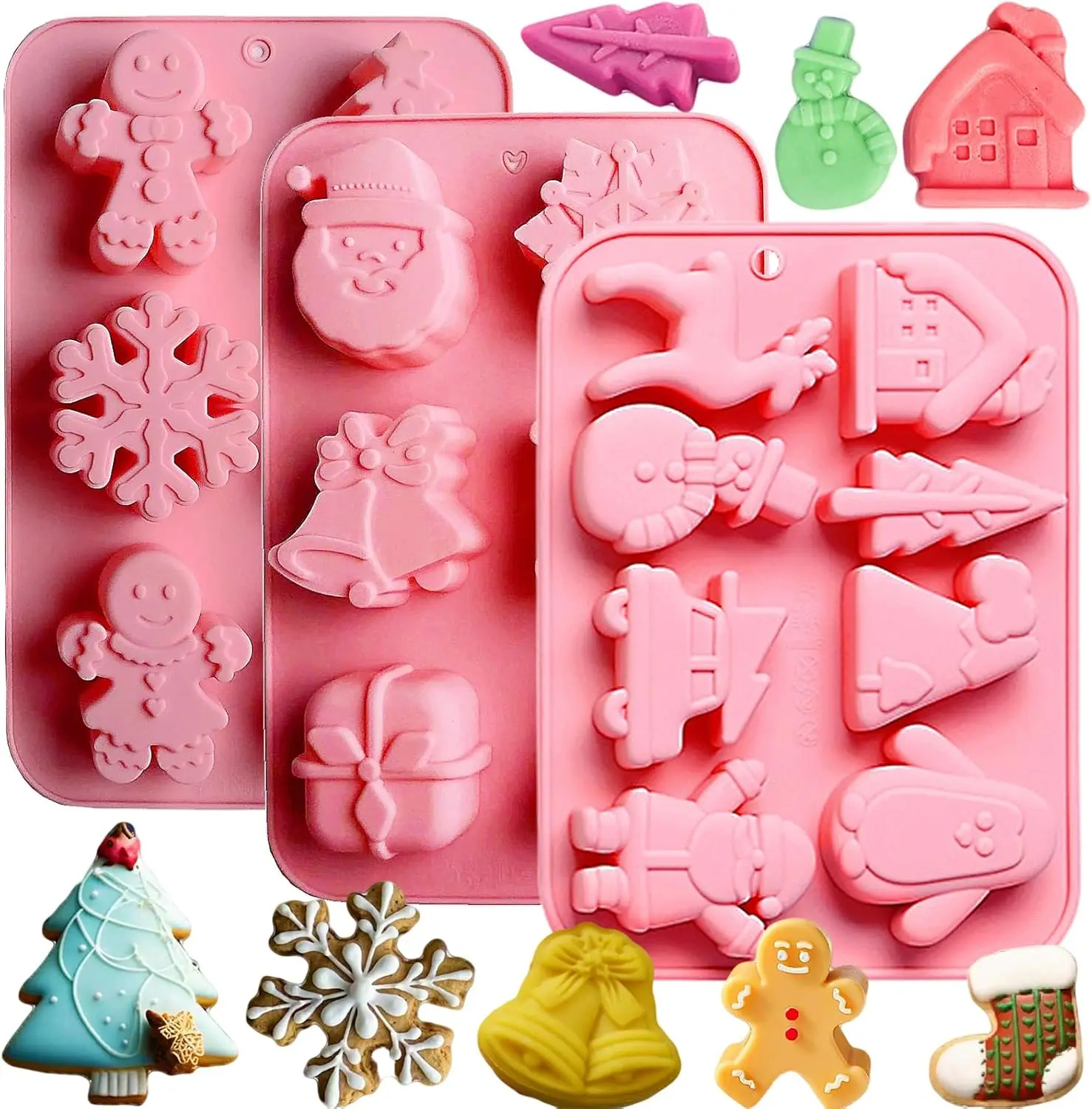 

3 Pack Christmas Silicone Molds Christmas Tree Holiday Soap Candy Molds for Chocolate Snowman Gingerbread Jello Baking Tools