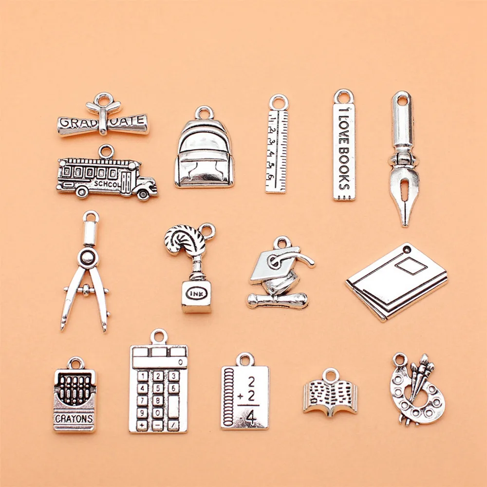 Jewelry Pendants School Supplies Ruler Book Compasses Calculator Crayon Palette School Bag Charms Collection Vintage 15pcs