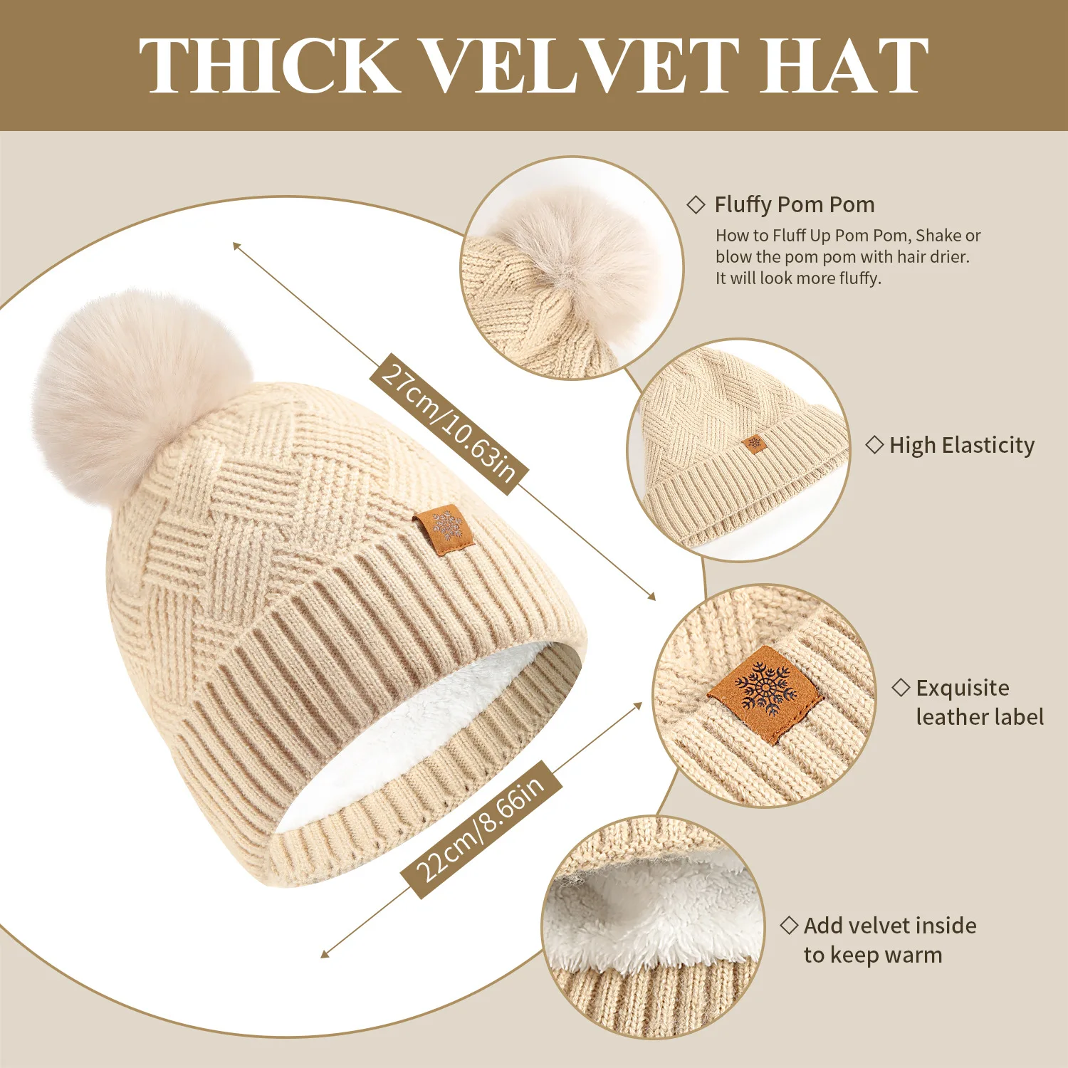 Women's Knitted Hat Scarf Gloves Set, Winter Thermal 3-Piece Combo, Double Layer Outdoor Beanie