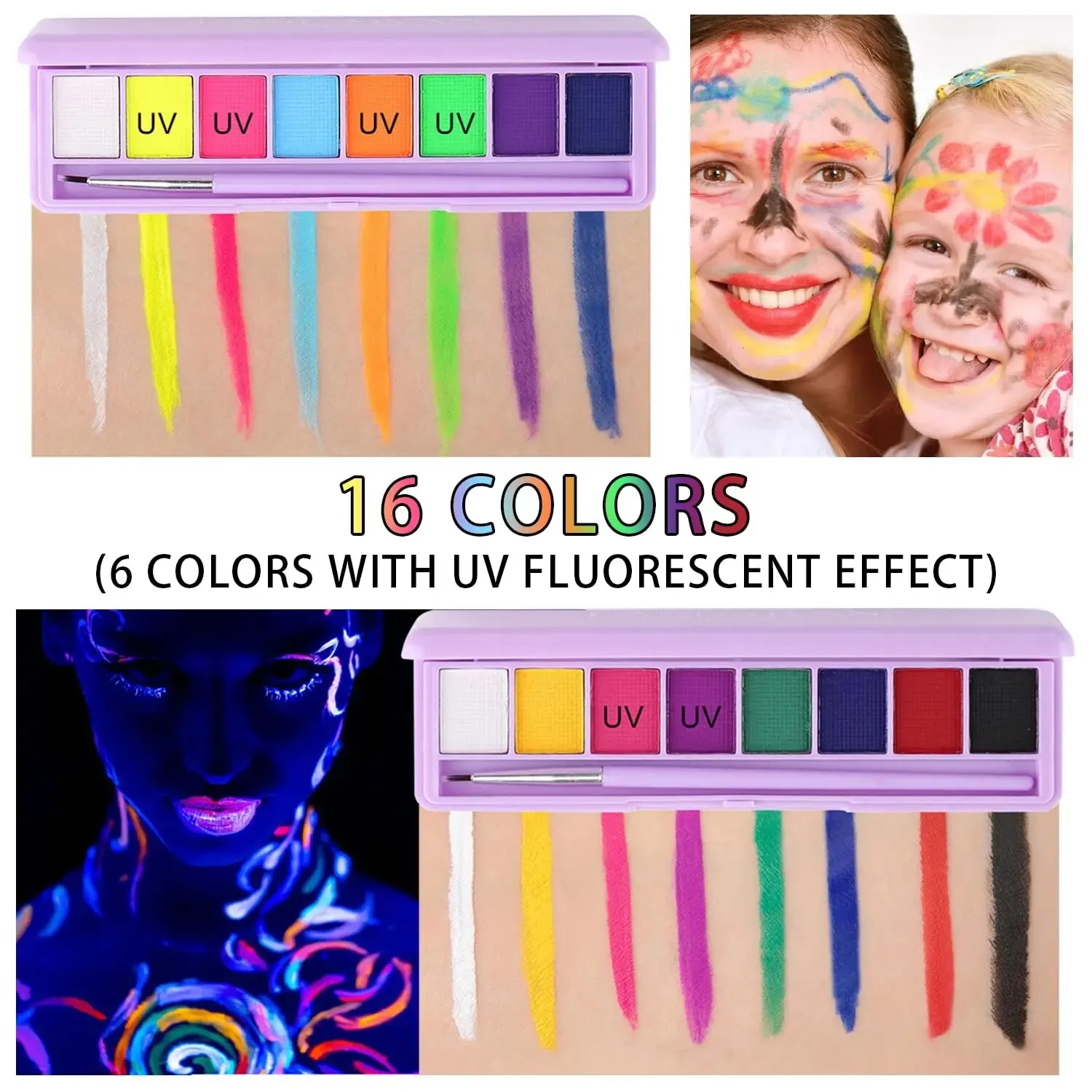 Water Activated Eyeliner Palette,Neon Face Paint Colored Halloween Liner Eyeliner,UV Blacklight Fluorescent Glow Face Body Paint