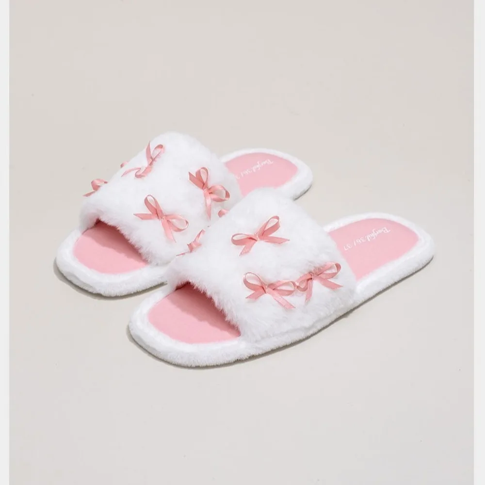 

Осенне-зимние женские меховые хлопковые тапочки с бантом, новый дизайн для уличного и домашнего использования, тихие домашние тапочки