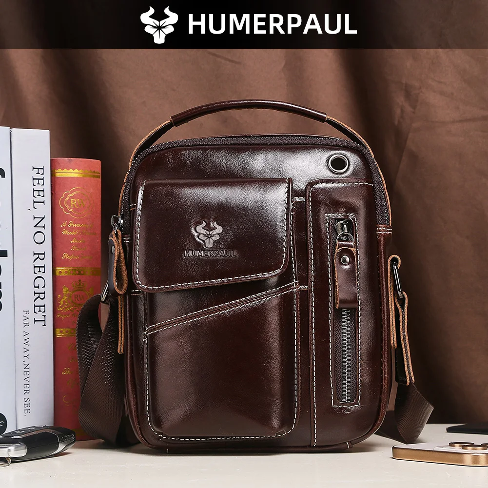 HUMERPAUL Vintage Genuine Leather Mens Messenger Bag, Business Casual Crossbody Sling Pack, Multi-Pocket Cell Phone Bag for Work