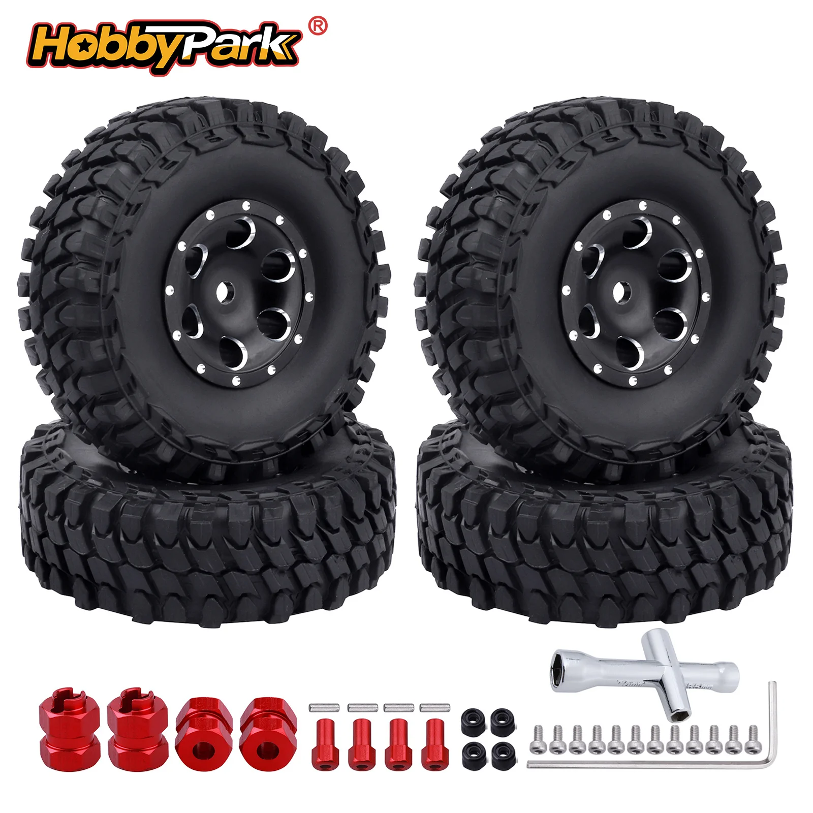 HobbyPark 1.0 Jantes et pneus Beadlock 4 pièces, entretoises de roue métalliques allongées pour micro-crawler, pour camion 1/24 SCX24 90081 Deadbolt