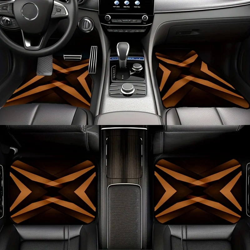 4pcs Black And Brown Cross Retro Style Car Floor Mats, Light Luxury Mecha Design Durable Non-Slip Universal Fit For Cars Trucks