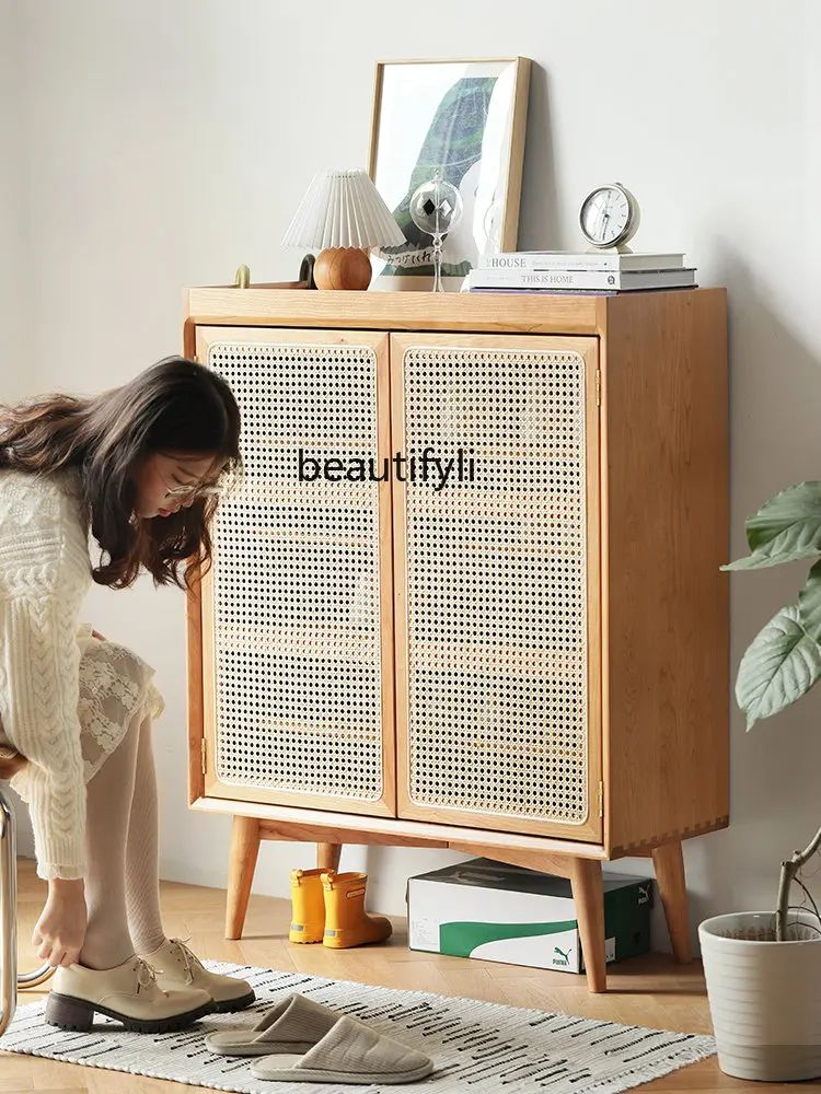 zq Shoe Cabinet Hallway Home Doorway Large Capacity Storage Rattan Breathable White Oak Nordic Solid Wood Cabinets