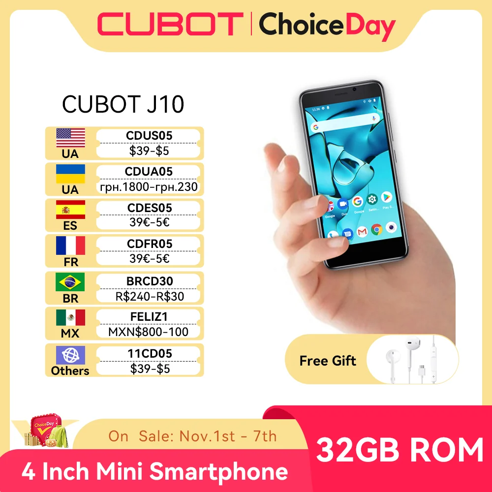 Cubot Android 11 Smartphone J10 4-Inch Screen MINI Mobile Phones 32GB ROM Dual SIM 3G Face ID 2350mAh 5MP Celular Smart Phone