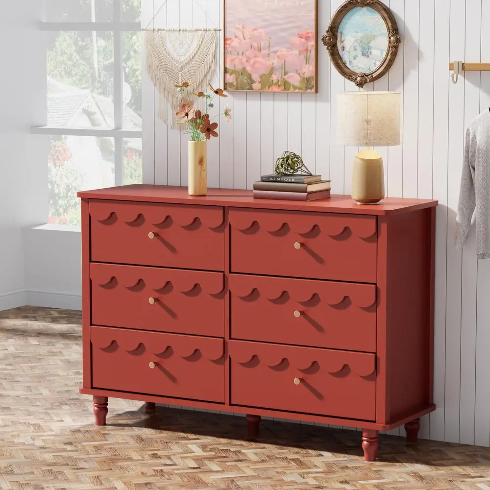 

Scalloped Dresser for Bedroom Red 6 Drawer Dresser, Modern Wide Chest of Drawers, Scalloped Organizer Storage with Drawers, Flu