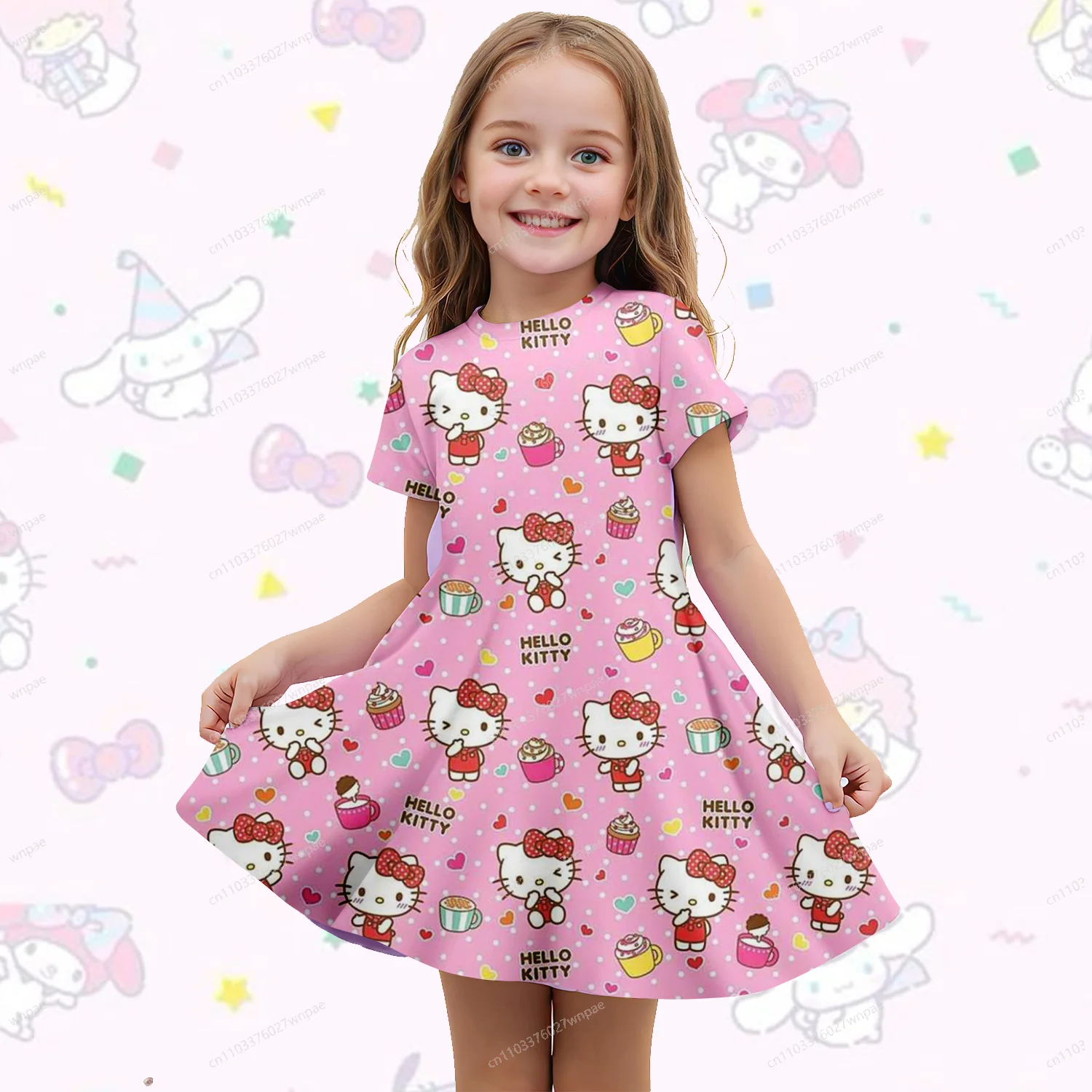 

Горячее короткое платье Sanrio Hello Kitty с 3D-принтом, быстросохнущее, дышащее, шикарное, удобное, спортивное, повседневное, унисекс для взрослых и детей