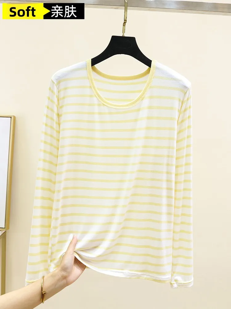 Slimming Effect Modal Loose Striped Long Sleeve T-Shirt Women's Thin round Neck Top Casual Style Base Shirt for Autumn