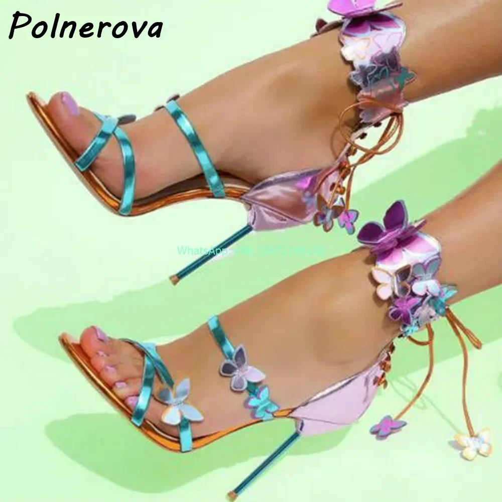 

Cross Tied Butterfly Sandals Blue Purple Thin Heels Pointy Toe Ankle Band Fringe Shoes Ladies Sexy Niche Runway Stiletto Shoes