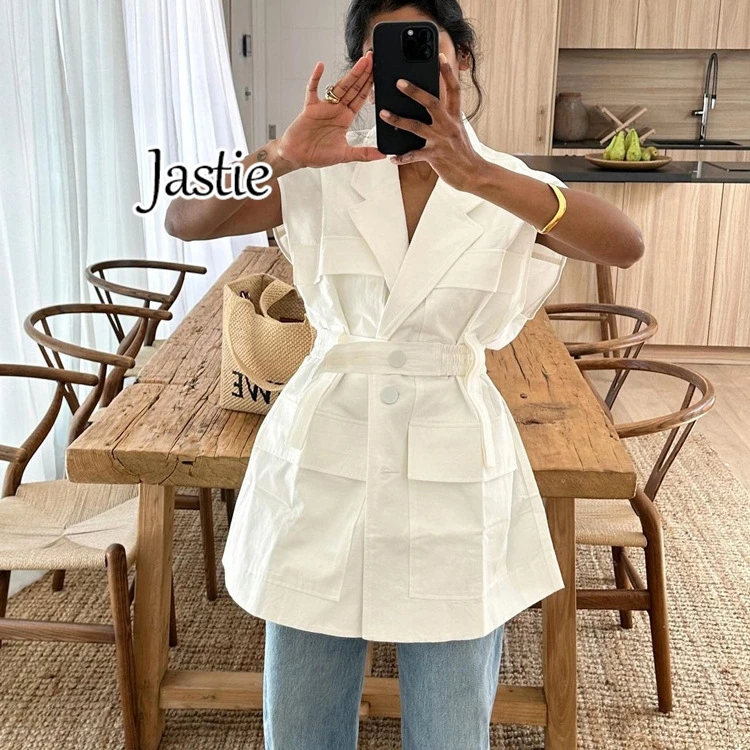 Jastie 2024 Summer Fashion Loose Cotton Women's Shirt Elegant Lapel Sleeveless Shirts Casual Classic Solid Top Female Clothing