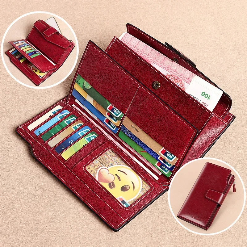 Luxury Genuine Leather Long Wallet for Women Large Capacity Card Holder Coin Purse Multi-Compartment Clutch Phone Bag Red Wallet