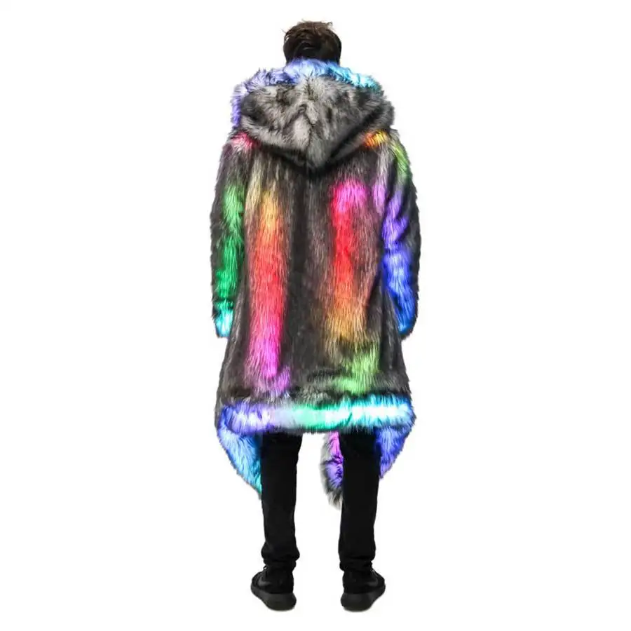 가짜 모피 코트 남자 후드 겉옷 편안한 두꺼운 겨울 따뜻한 롱 자켓 LED 무대 댄스 파티 코스프레 의상 오버 코트
