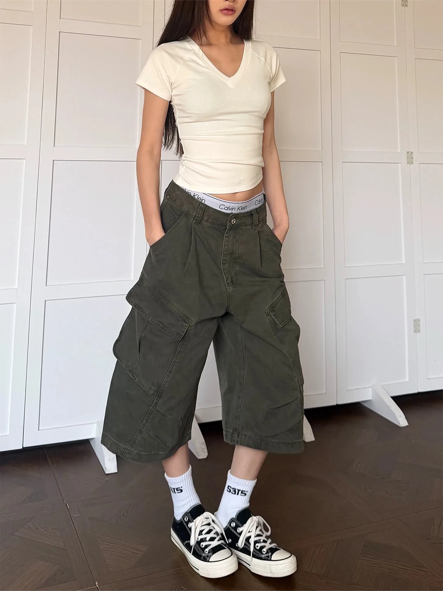 Retro American High Street Heavy Duty Washed Multi Pocket Workwear Seven Inch Pants Loose Wide Leg Pleated Casual Shorts