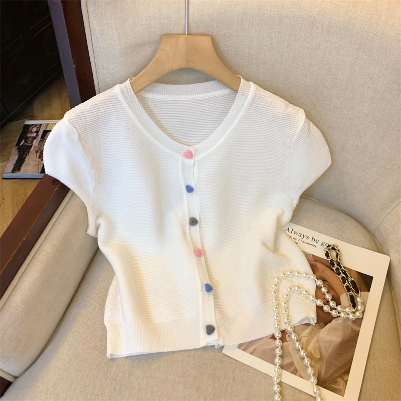 سترة محبوكة صيفية لعام 2025 تي شيرت نسائي بأكمام قصيرة ورقبة دائرية ملابس تريكو متينة أنيقة وأنيقة للسيدات #3