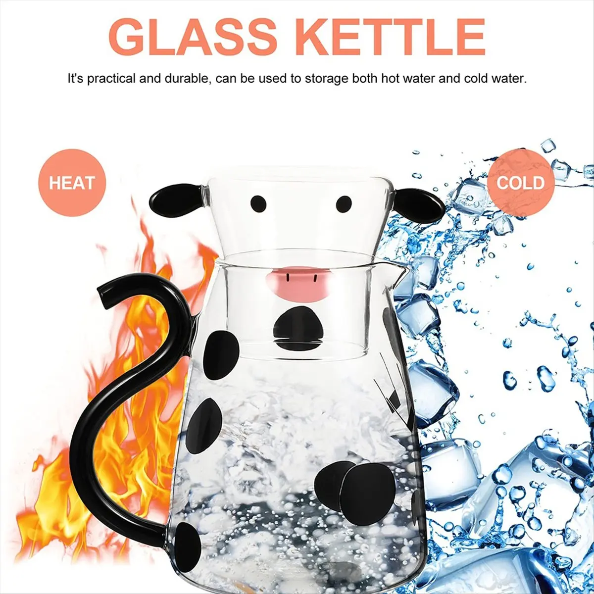 Glass Cold Water Kettle with Handle Lovely Cartoon Cow Cold Cup Flowering Teapot Milk Iced Beverage Bottle Kitchen Tools