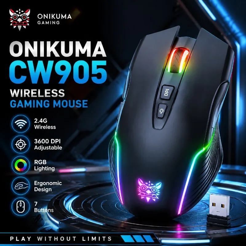 ONIKUMA CW905 Wireless Gaming Mouse 2.4G Rechargeable 3600DPI Optical Sensor 7 Button RGB Backlit Ergonomic Computer For PC