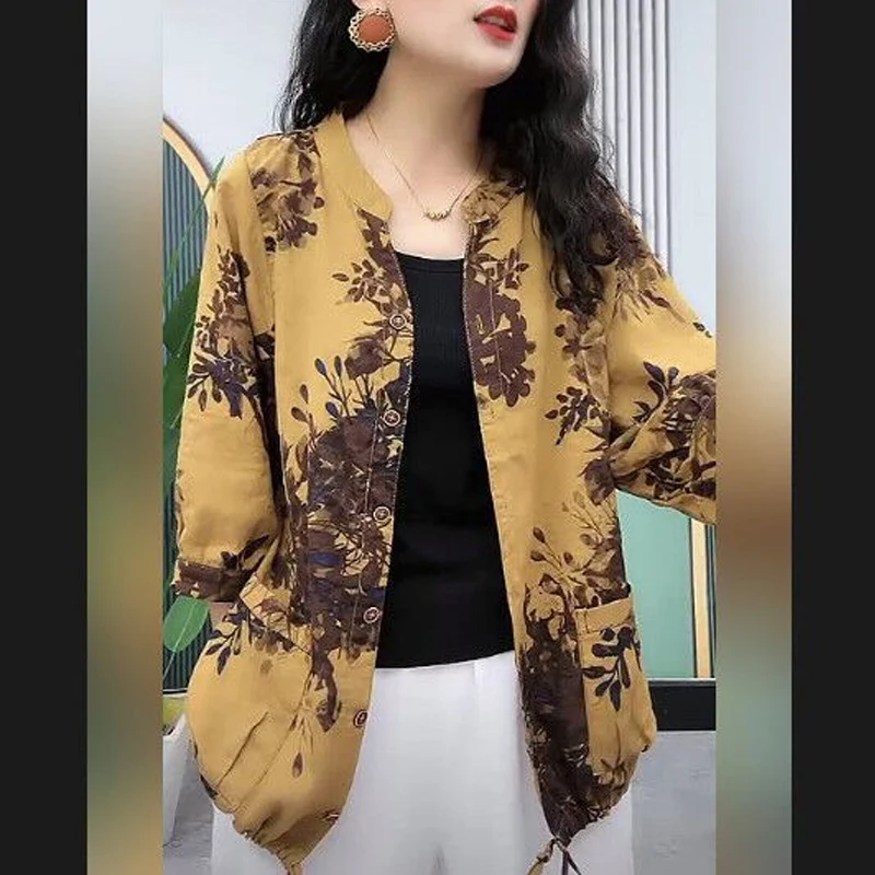 Summer New Round Neck Fashion Half Sleeve Shirt Women Cotton Hemp Vintage Printing Cardigan Pockets Button Drawstring Chic Tops