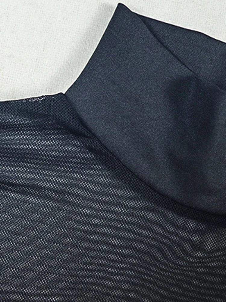 Beyprern Sexy Sheer Mesh Long Sleeve Mini Dress Y2K Women See Through Bodycon Short Skirt Stand Clubwear Party Outfit