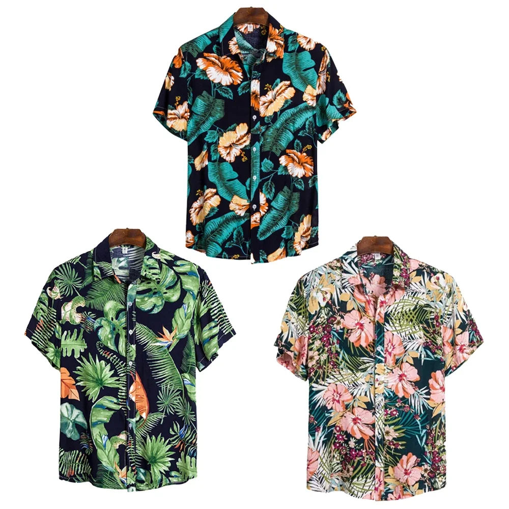 

Men's Summer Short Sleeve Hawaiian Shirt Loose Fit Floral Print Tropical Cruise Beach Button Down Shirts Gentlemen Blouses