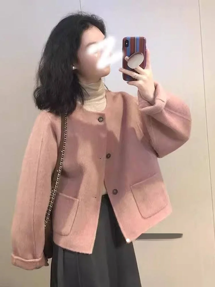 

Розовое шерстяное пальто для женщин в корейском стиле, элегантное, укороченное, модное, с завышенной талией, верхняя одежда для дам