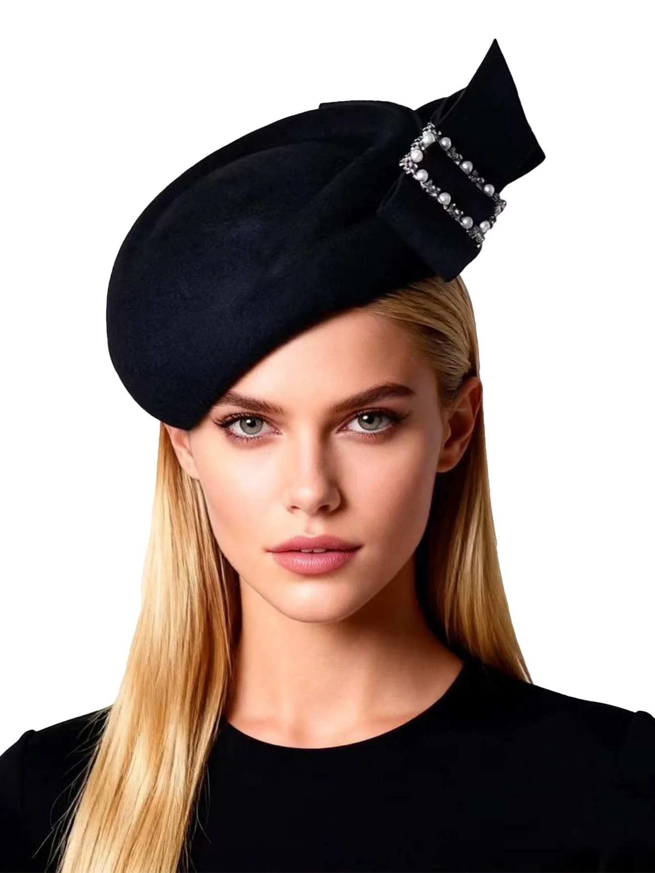 

Черная женская элегантная шляпа-фасцинатор из шерстяного фетра с бриллиантами 2025, французский берет, для официальных мероприятий, чаепитий, коктейльных вечеринок, шляпа-бомбер с бантом