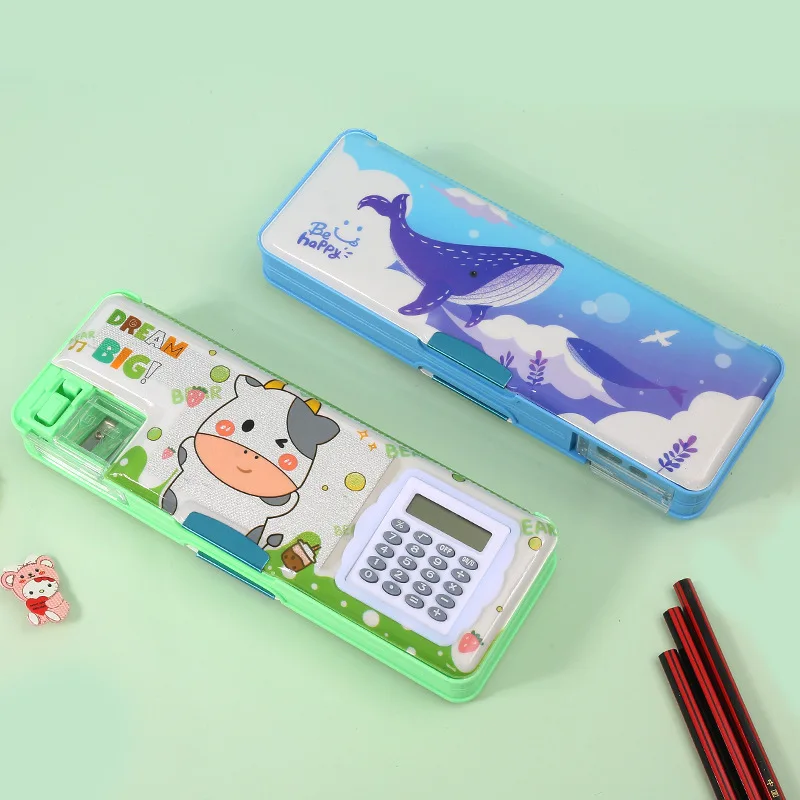 صندوق قرطاسية كمبيوتر إبداعي كرتوني للأطفال مقلمة متعددة الوظائف للطلاب مع هدية مبراة