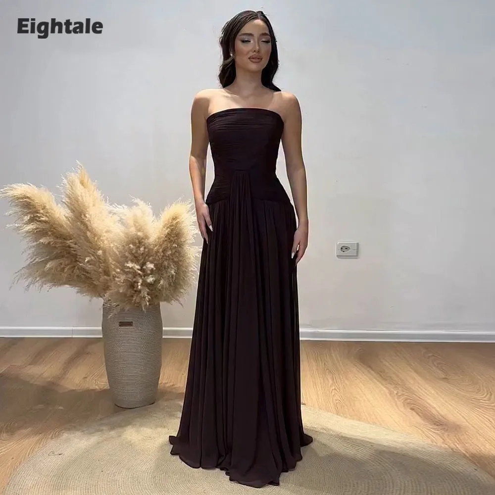 Eightale Arabische Abendkleider für Hochzeit, Party, trägerlos, maßgeschneiderte Chiffon-Falten, A-Linie, bodenlang, muslimische Ballkleider