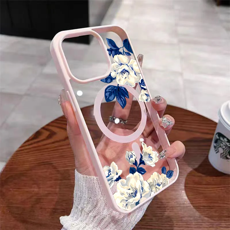 Funda magnética transparente con patrón de rosa blanca de noche para iPhone 17 16 15 14 13 12 Pro Max 15 16 Plus 17 Air 11 5
