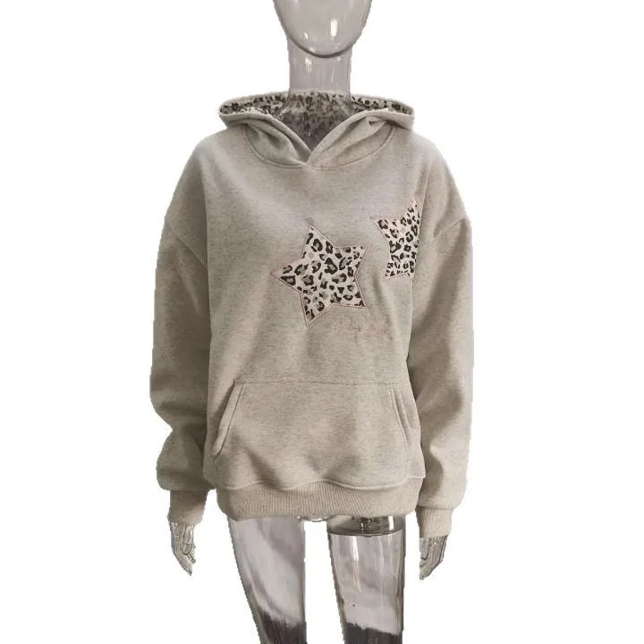 

2025 Spring Season Star Embroidery Loose Fit Hoodie Sweatirt Casual Versatile Long Sve Polyester T-irt Women's Faion