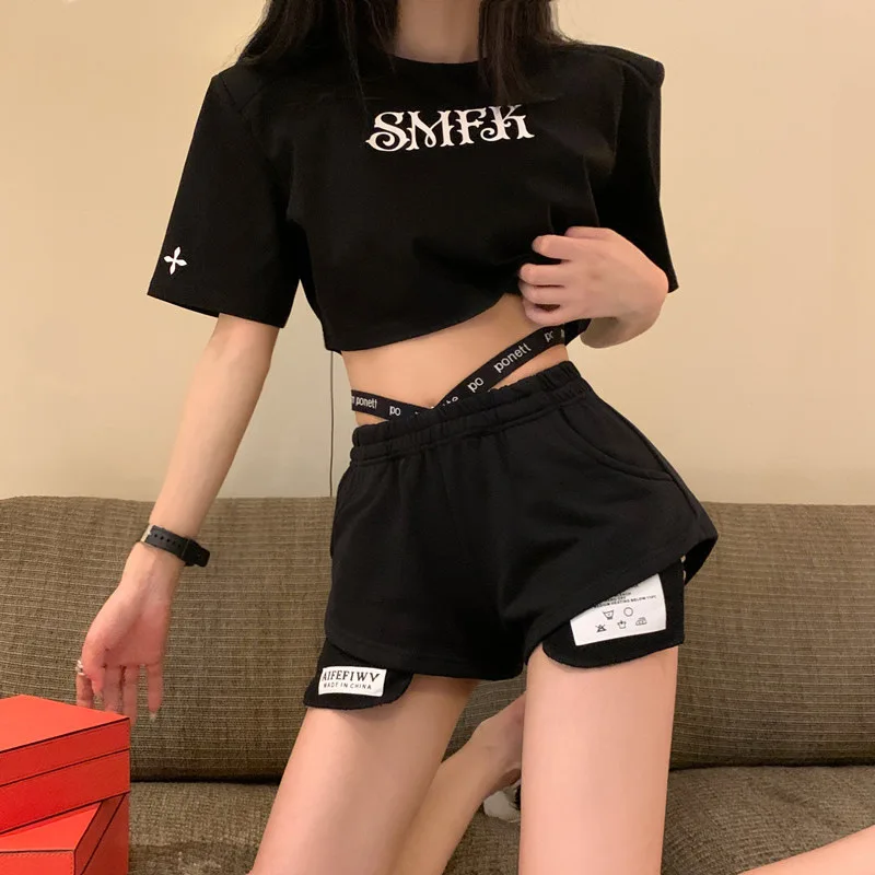 2025 Summer New Women's Casual Sports Shorts High Waist Design Letter Bandage Y2k Shorts Hot Pants