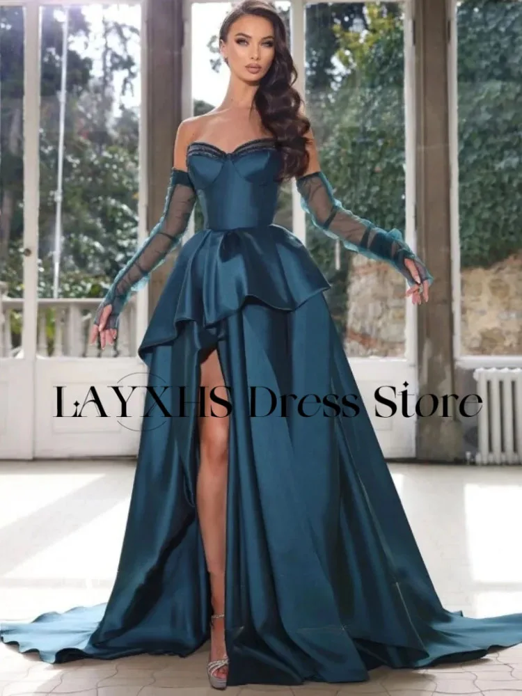 LAYXHS-vestidos de noche de lujo con forma de corazón, corte en A, mangas removibles, abertura lateral, volantes, vestidos de graduación personalizados