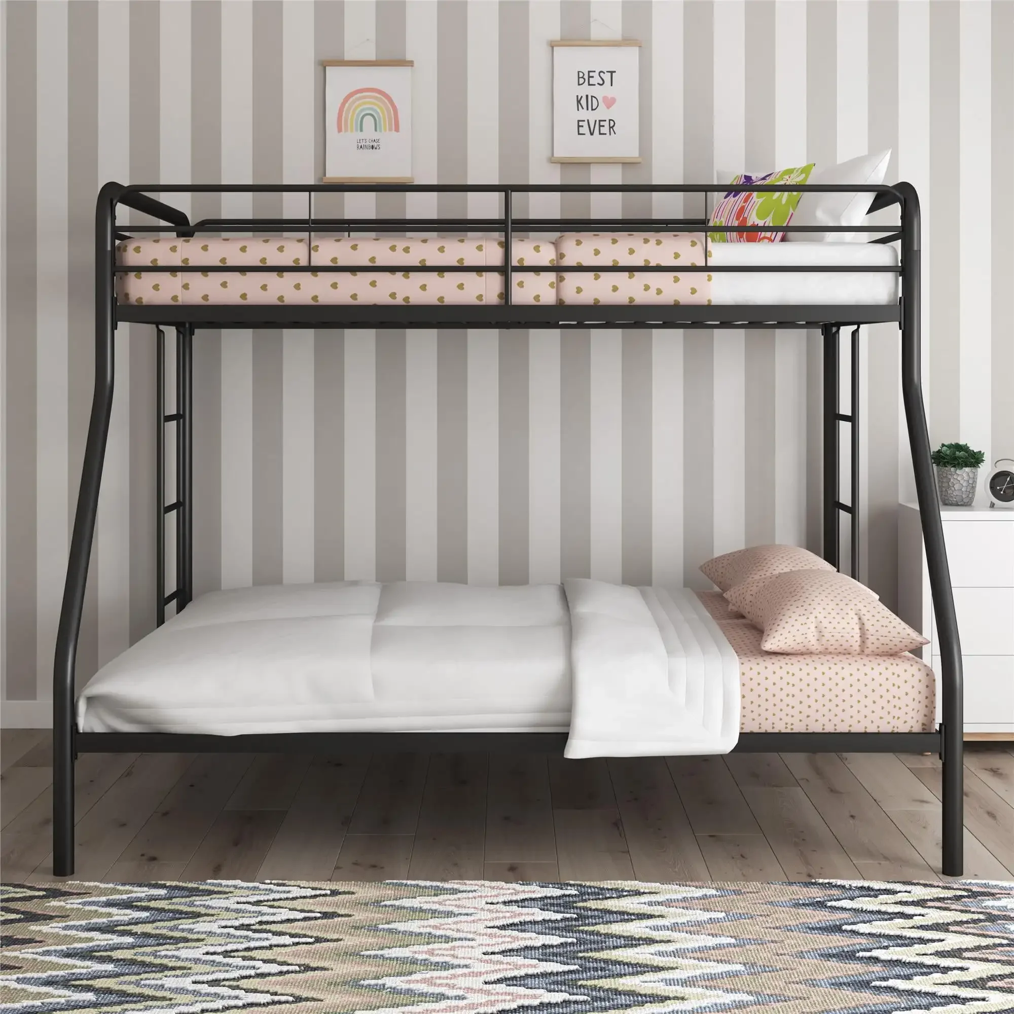 Dusty Twin over Full Metal Bunk Bed with Secured Ladders Black All-metal bunk bed with fixed ladder Mattresses are not included