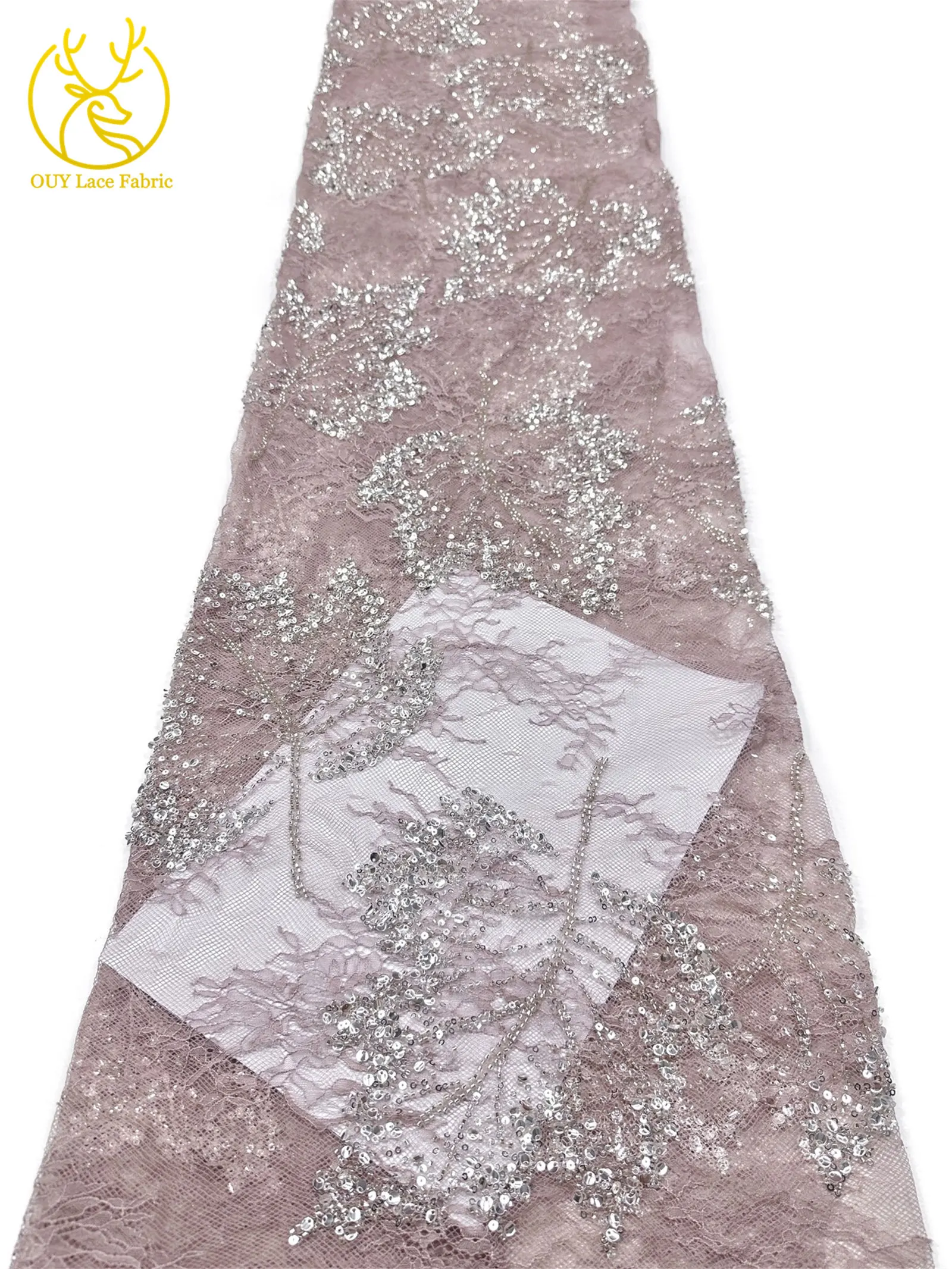 Weinroter afrikanischer bestickter Perlen-Spitzenstoff, 5 Yards, französisches Blattmuster, Pailletten-Tüll-Spitzenstoff für Hochzeits- und Partykleider – Detail 15