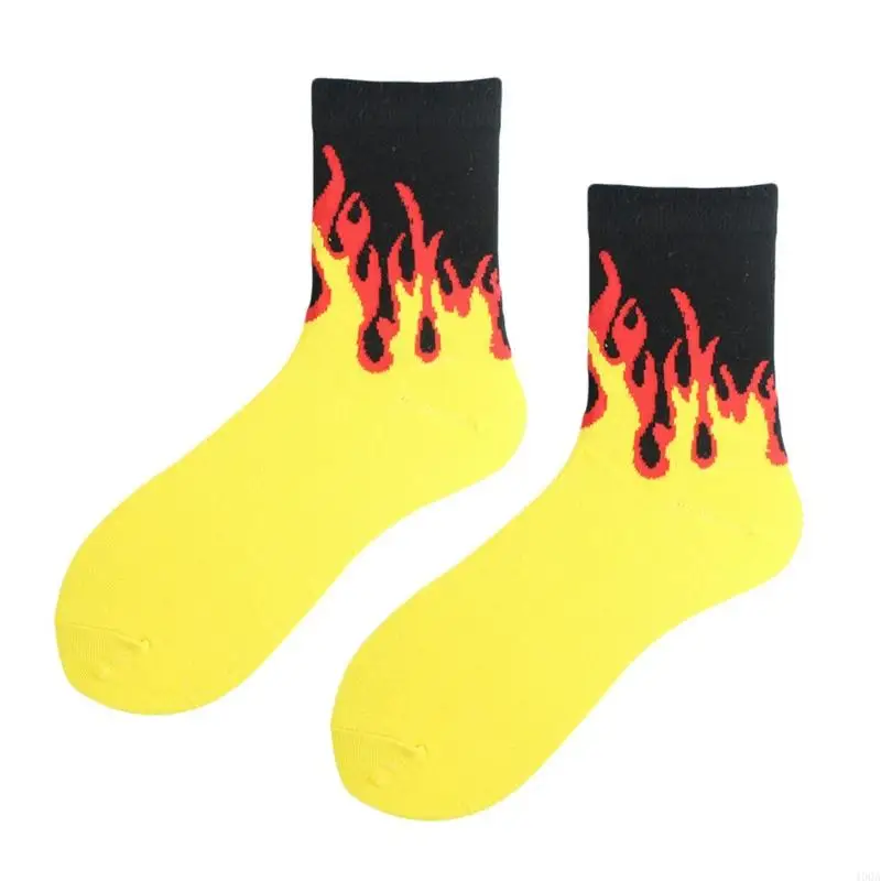 400A Japanese Harajuku Women Men Flame Print Socks Hip Hop Contrast Color Ribbed Sports Street Skateboard Tube Hosiery