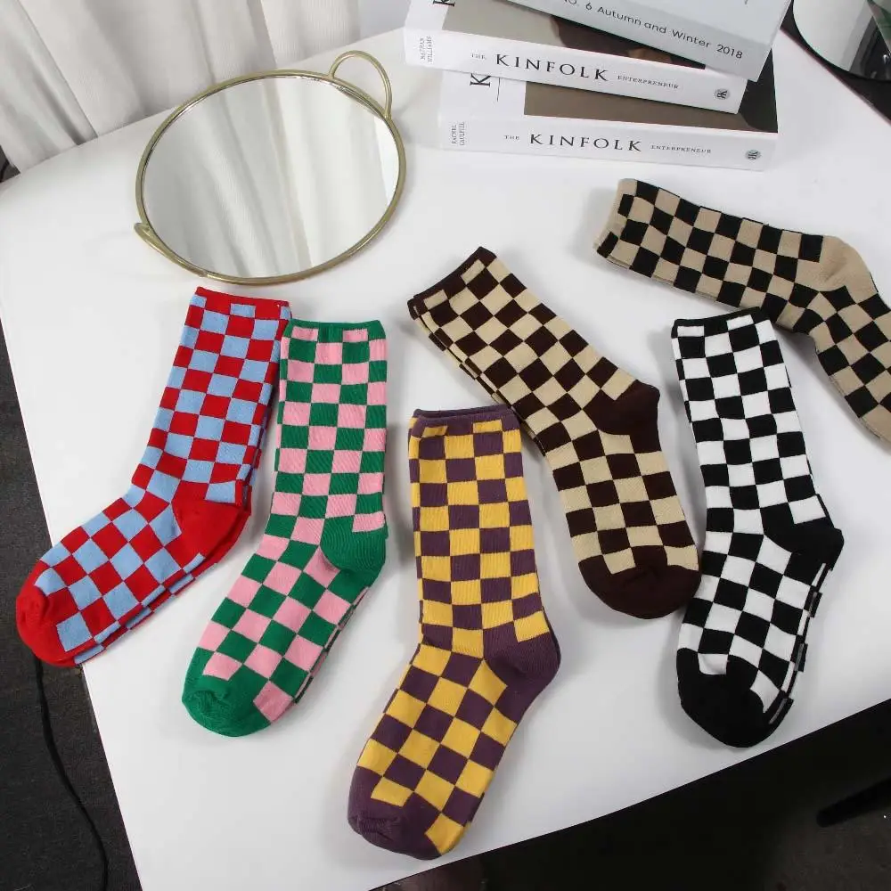 

Harajuku Breathable Hip Pop Plaid Girls Cotton College Style Socks Mid-tube Sock Korea Checkerboard Socks Female Hosiery